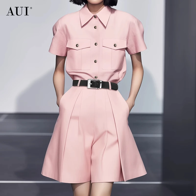 【宠粉专属】AUI 粉色工装短袖衬衫a字阔腿裤子显瘦两件套-2026086