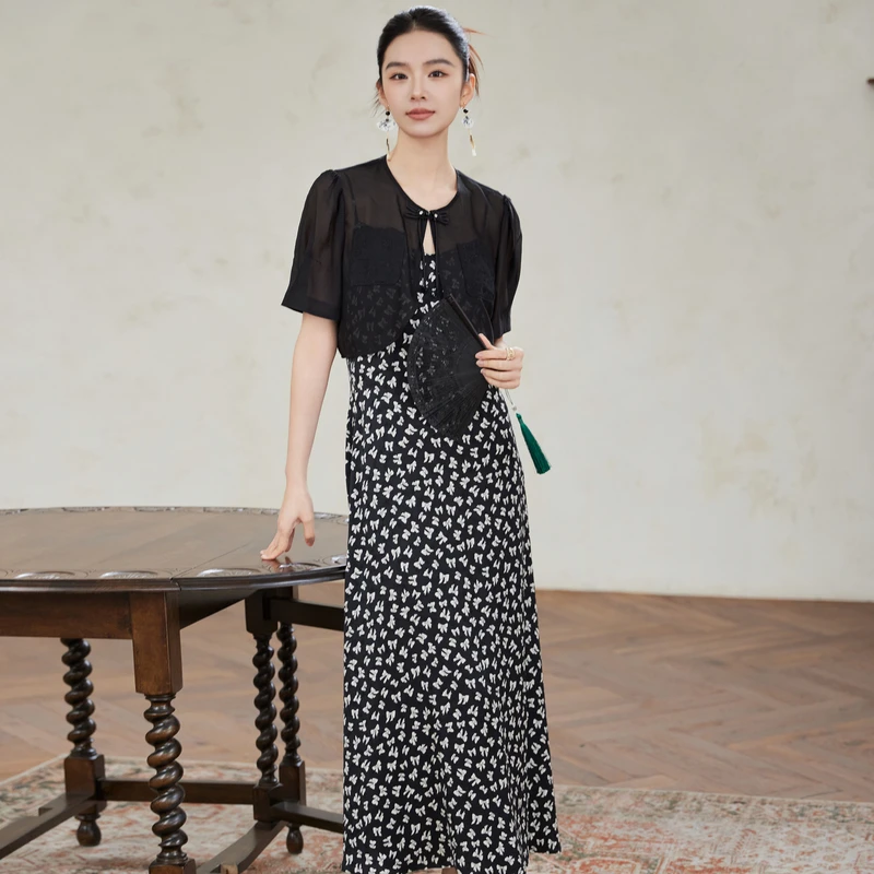 风笛2025年夏季新款韩系时尚碎花连衣裙女设计感开衫减龄两件套薄