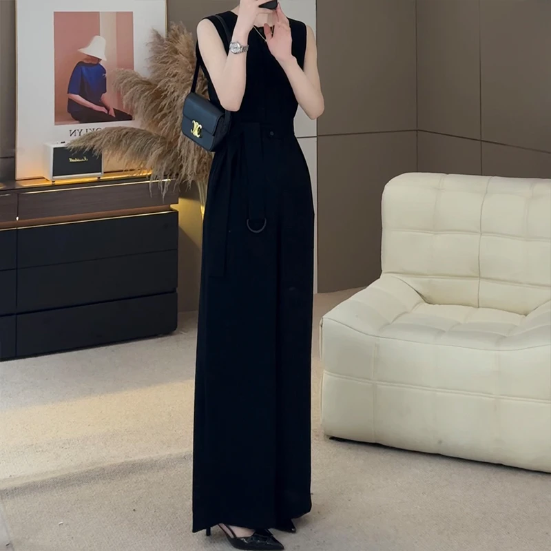 欧货气质连体裤2025夏新款圆领无袖高腰修身阔腿裤长裤垂感连衣裤