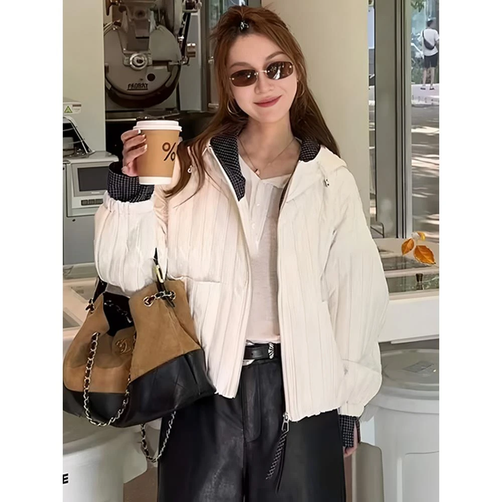 连帽薄棉压格短外套女欧洲站2025秋季时尚宽松百搭休闲棉服上衣潮