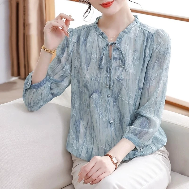 妈妈春装2025新款洋气百搭雪纺上衣夏季九分纱袖小衫中老年女T恤