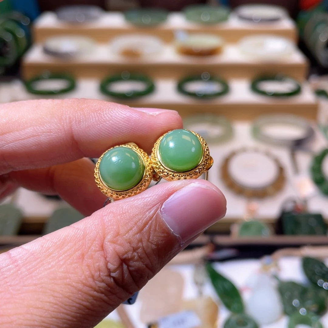 和田玉高品碧玉粉绿耳饰银S925镶嵌