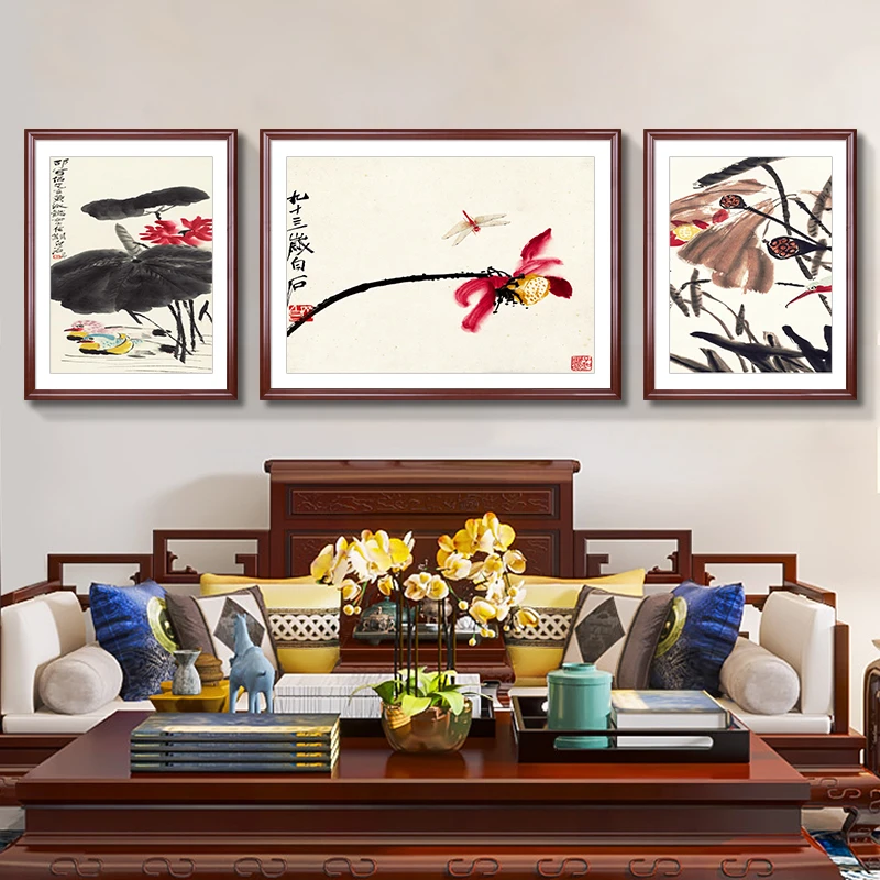 客厅装饰画新中式沙发背景墙三联挂画客厅装饰壁画荷花装饰挂画