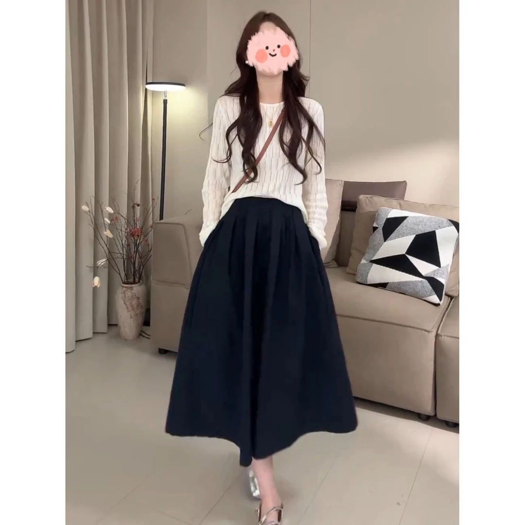 秋季时尚小众镂空长袖针织衫女今年新款简约大摆A字半身裙套装