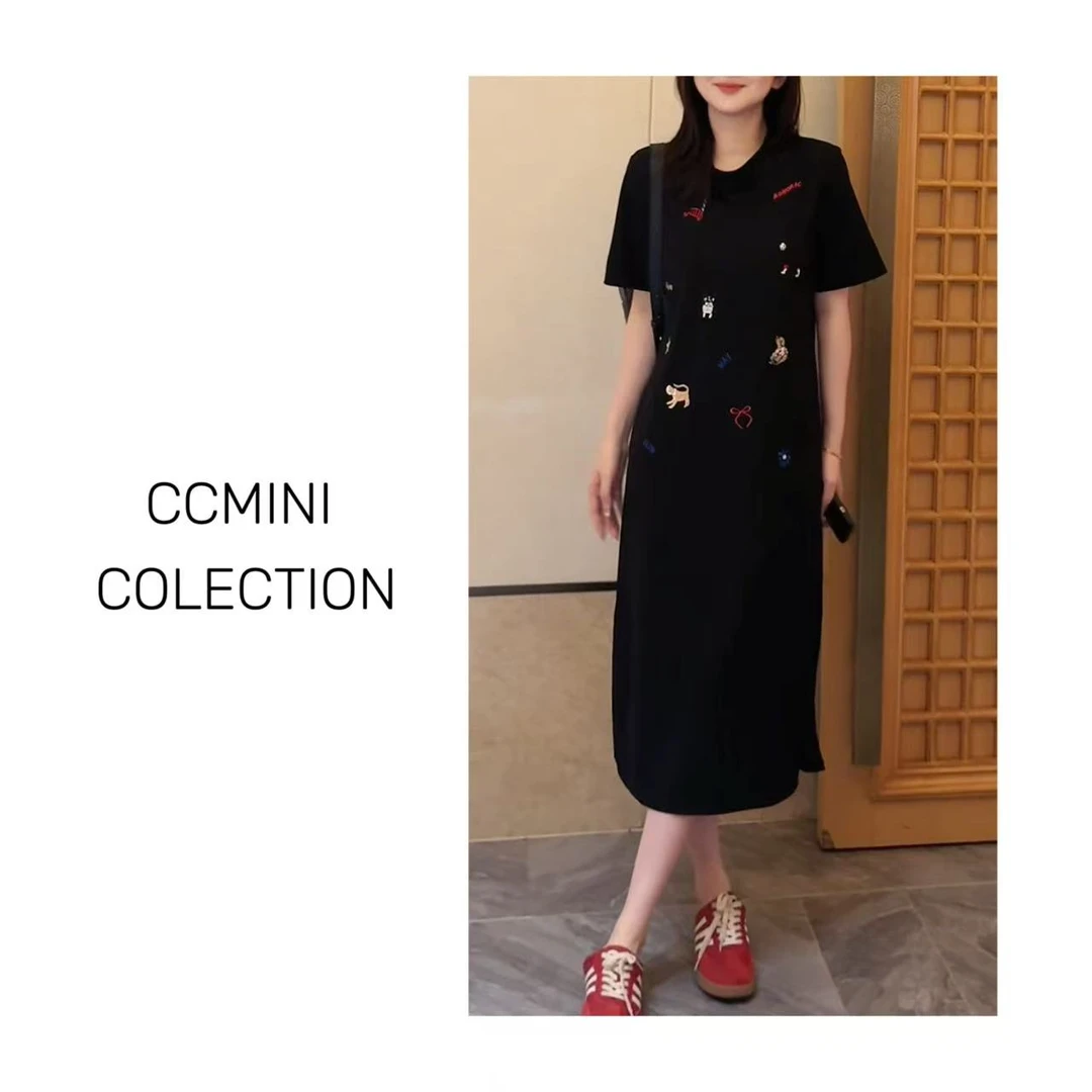 动物园刺绣连衣裙女士 夏季正肩宽松显瘦卡通黑色时尚经典中长裙