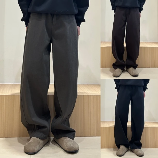 冬季加绒保暖混纺简约轻奢阔腿直筒休闲裤男士舒适百搭加长裤男