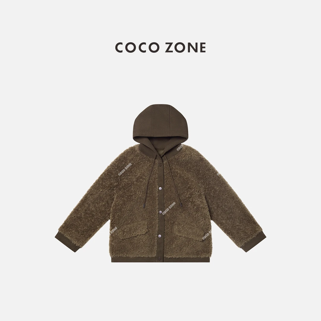 COCO ZONE 刘一一"维尼熊”100绵羊毛冬季复古连帽外套CC2D3268