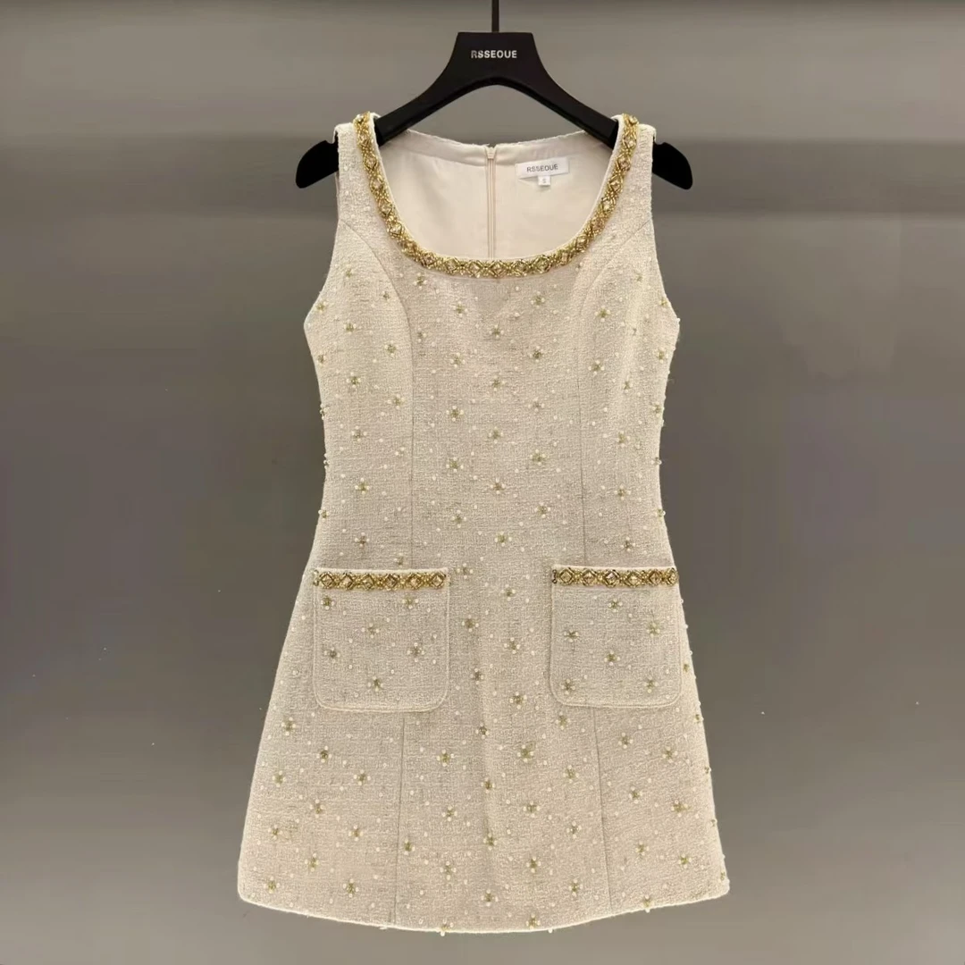 法式小香风重手工钉珠收腰背心连衣裙女夏季设计感名媛裙L9512