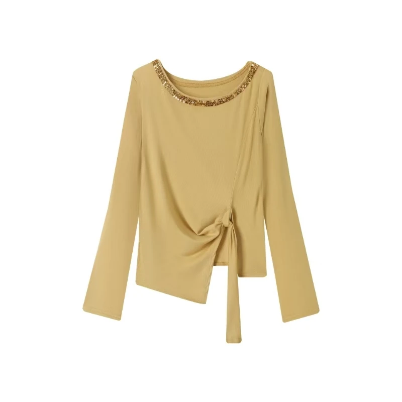 慕兔法式纯欲风开叉不规则长袖T恤女2025夏季新款亮片圆领上衣潮
