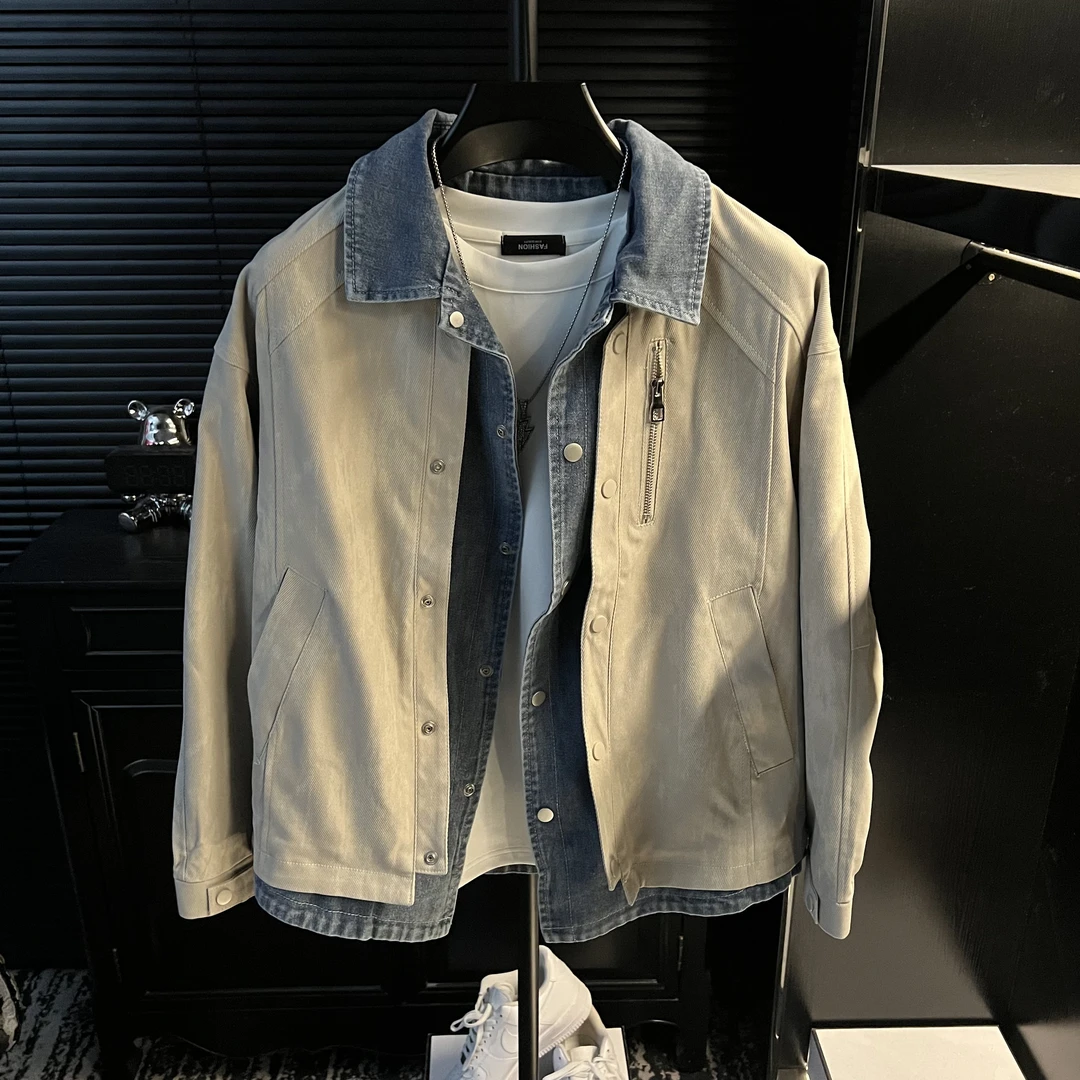 dan-假两件牛仔拼接翻领外套男解构设计感cleanfit潮牌休闲夹克
