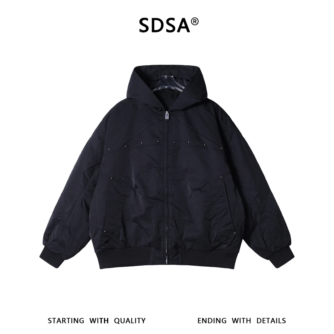 SDSA男士秋冬新款痞帅男装简约褶皱铆钉连帽羽绒服外套百搭时尚