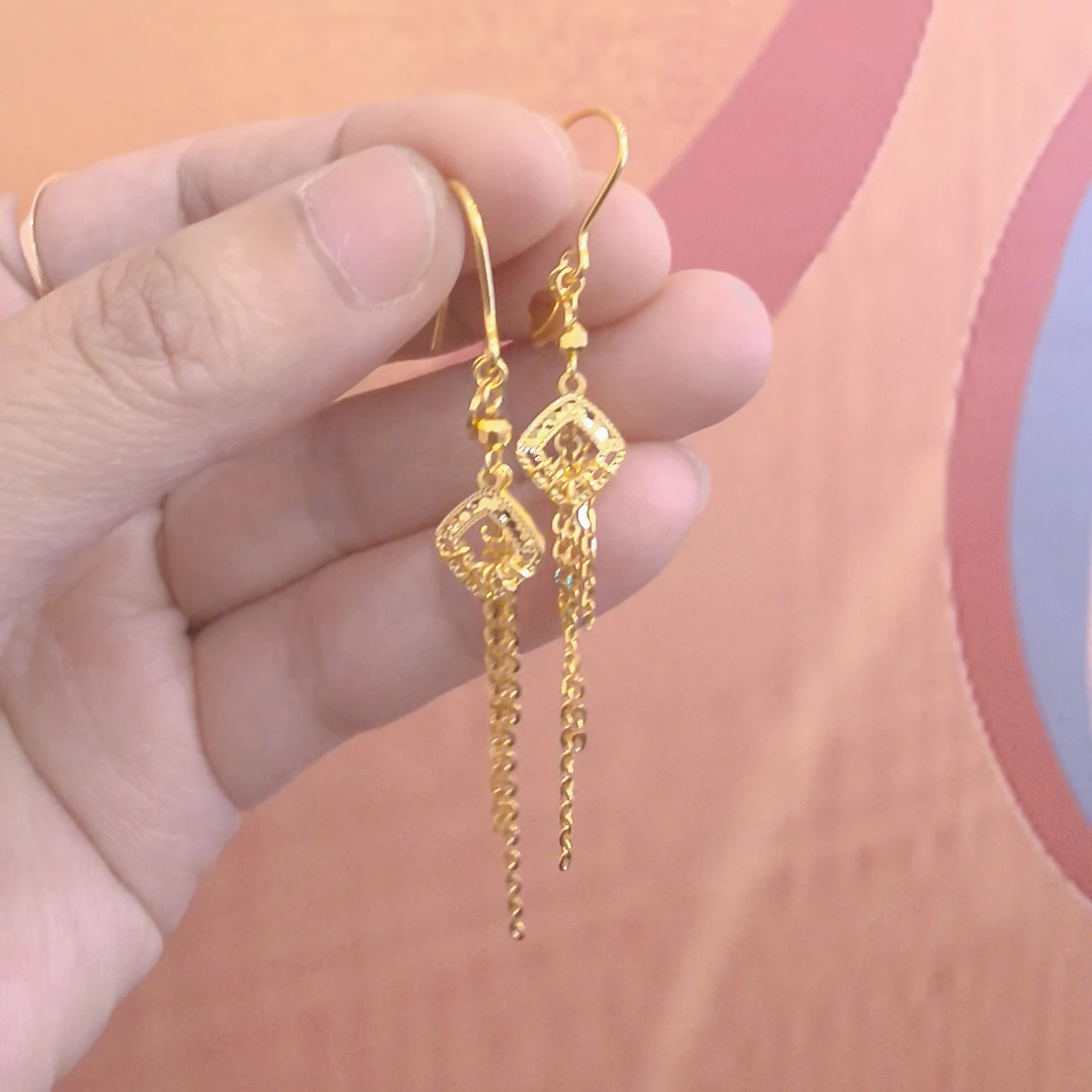 足金999时尚碎冰冰菱形流苏耳饰精致百搭黄金首饰足金耳饰B1988