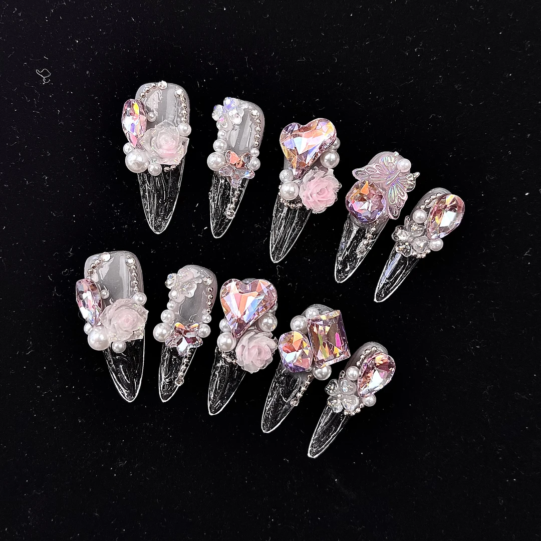 【BAO粉冰冰】尖水滴纯手工穿戴甲琉璃美甲冰透立体雕花冰花款式