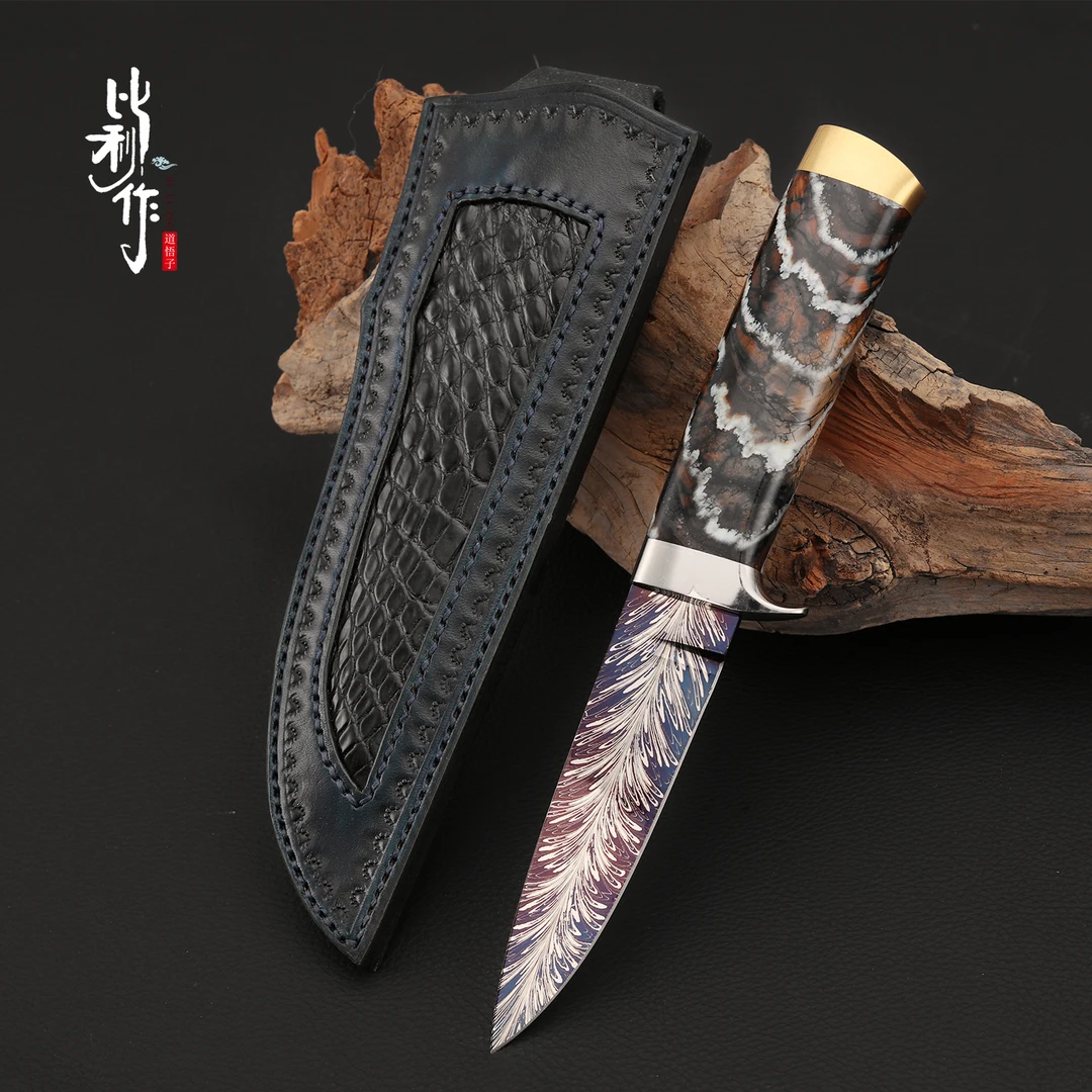 人脸纹大马士革全手工制作臼齿手柄收藏把玩小刀