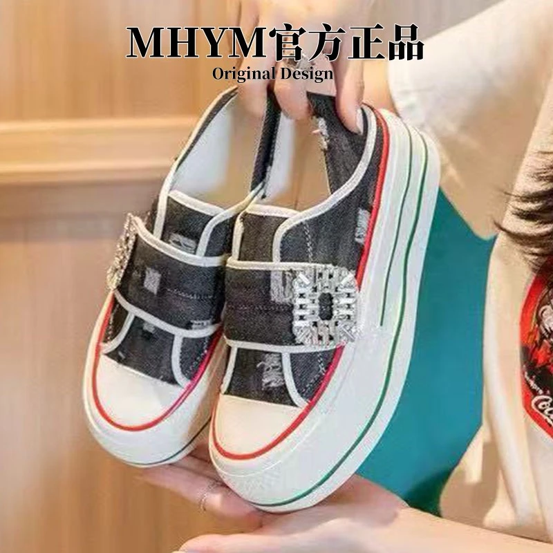 闪钻两穿帆布鞋2025夏季新款可踩一脚蹬透气ins百搭时尚休闲板鞋