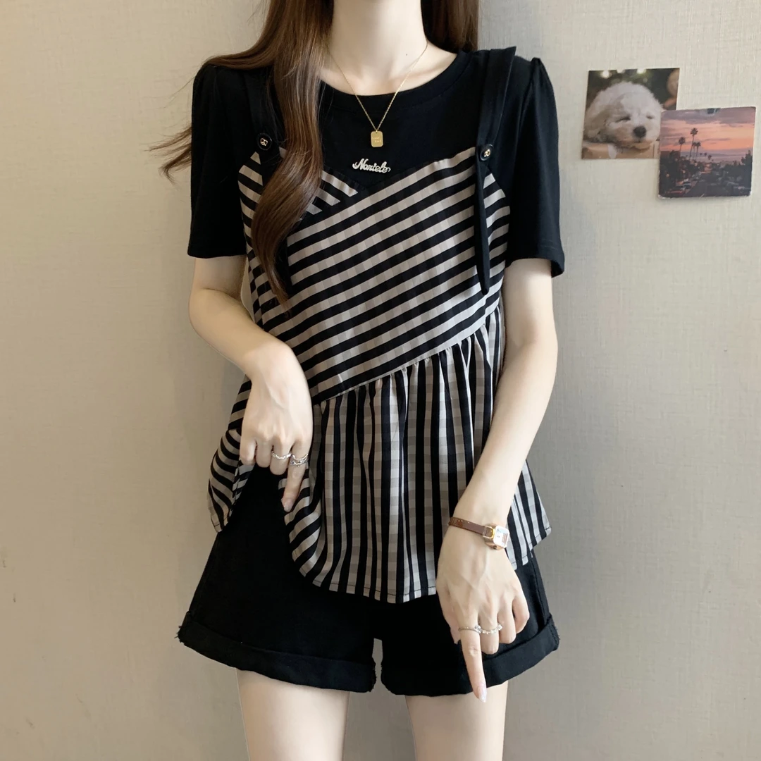 假两件条纹短袖衬衫女2025夏季新款大码胖mm别致显瘦遮肉衬衣上衣