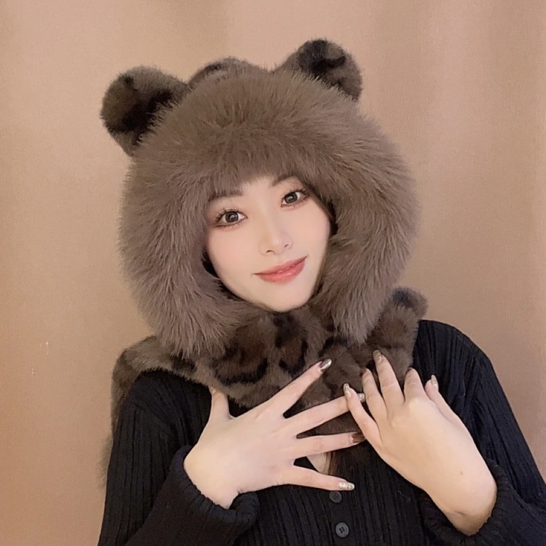 大群推荐 新2025时尚新款环保毛豹纹围巾耳朵帽子