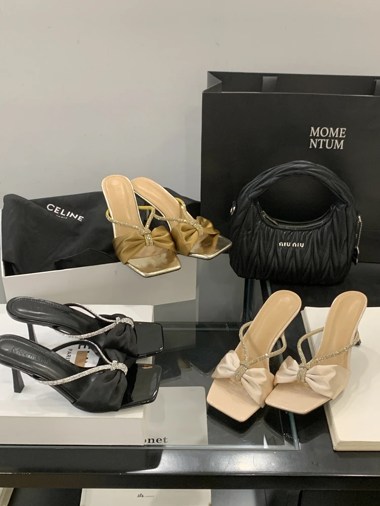 一字带高跟鞋女夏2025新款仙女蝴蝶结水钻高跟凉鞋细跟半拖鞋外穿