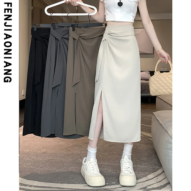 9911高级感新款侧开叉半身裙中长款轻奢高腰系带西装裙春天包臀裙