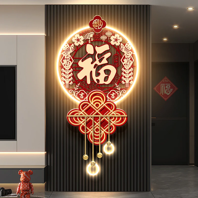 新中式玄关装饰画福字客厅格栅背景带灯立体挂画入户门中国结壁画