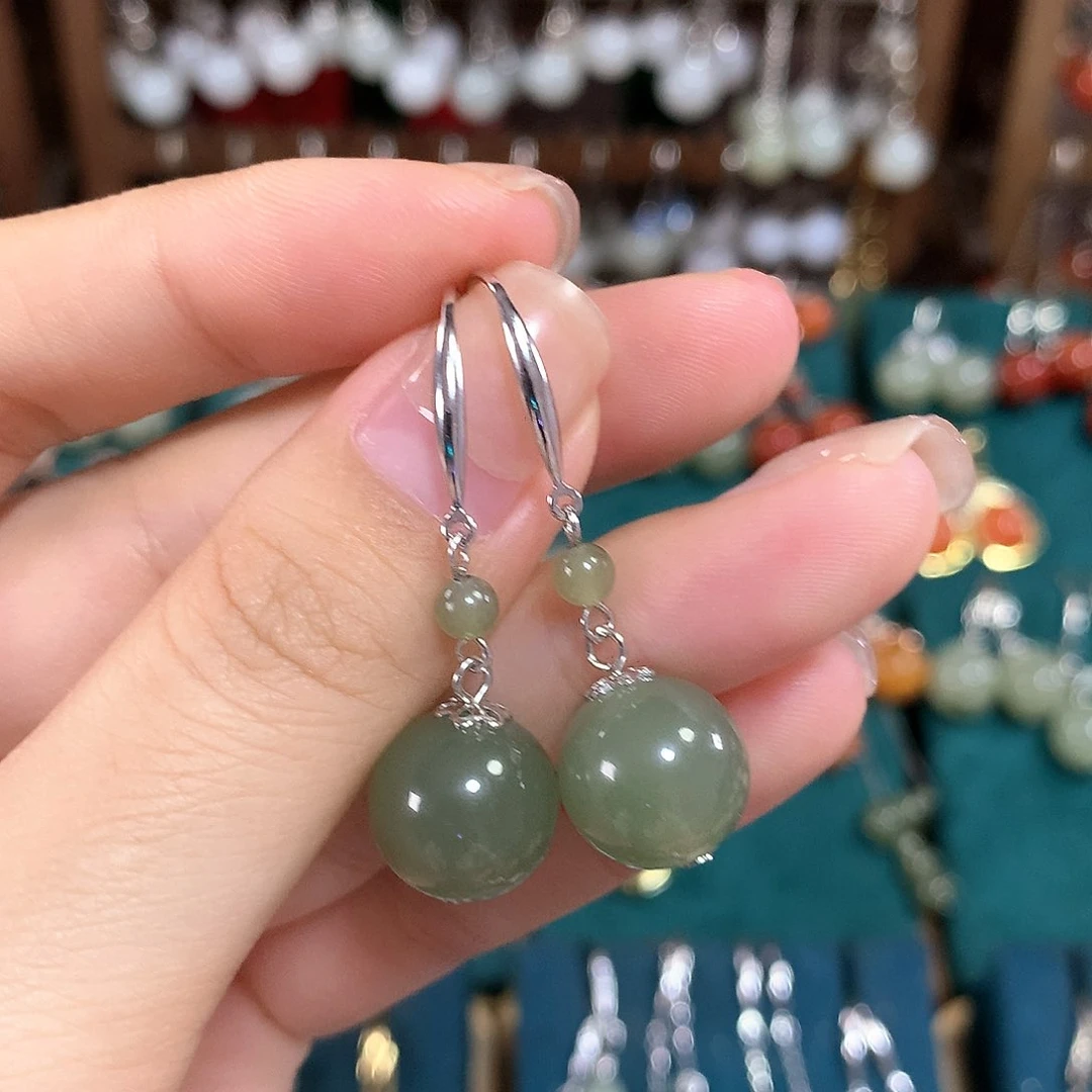 和田玉耳饰银S925镶嵌卡12mm左右晴水