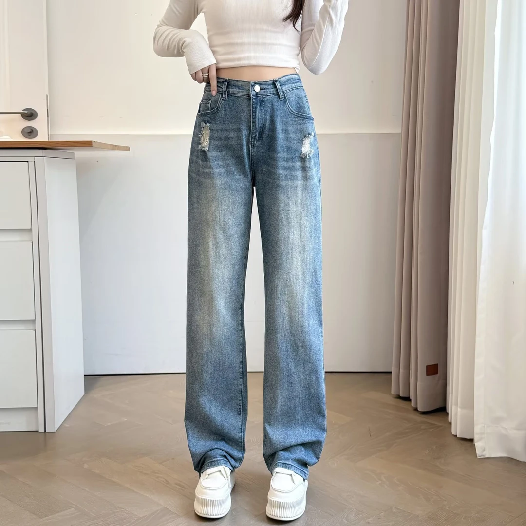 宽松显瘦破洞水洗高腰秋季大码牛仔裤大码女装高弹力哈伦裤长裤