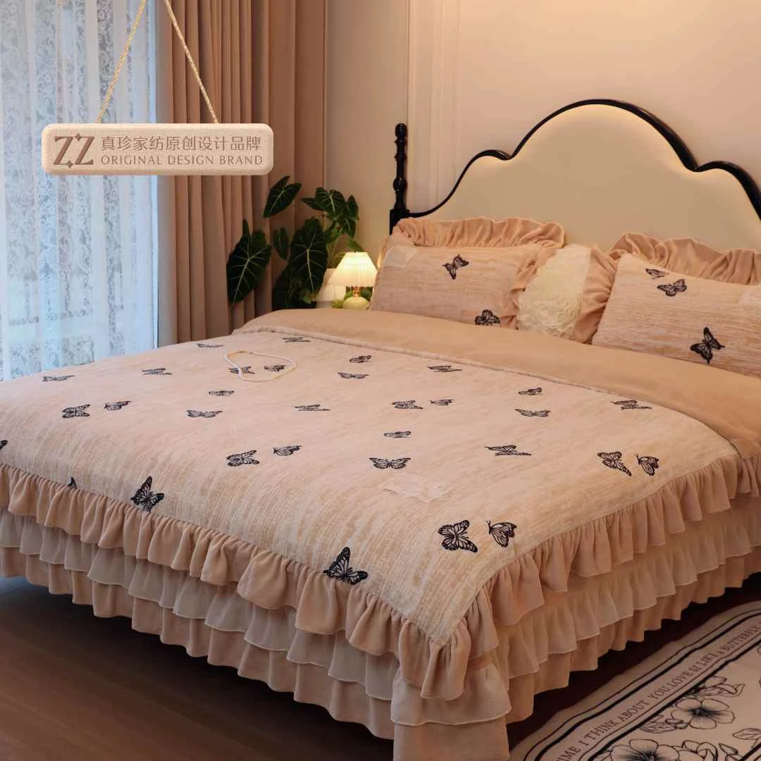 【真珍】蝴蝶花语 秋冬新款牛奶绒床盖夹棉四件套床上用品绗缝