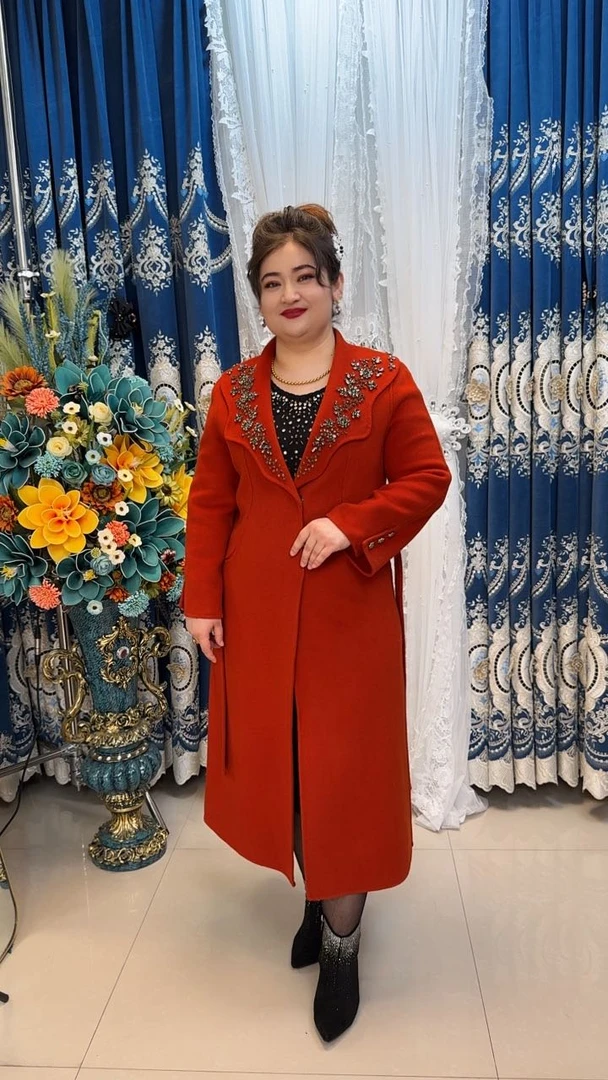 长款刺绣防风毛呢外套加厚妈妈装民族风红色冬季毛呢中长款-23336