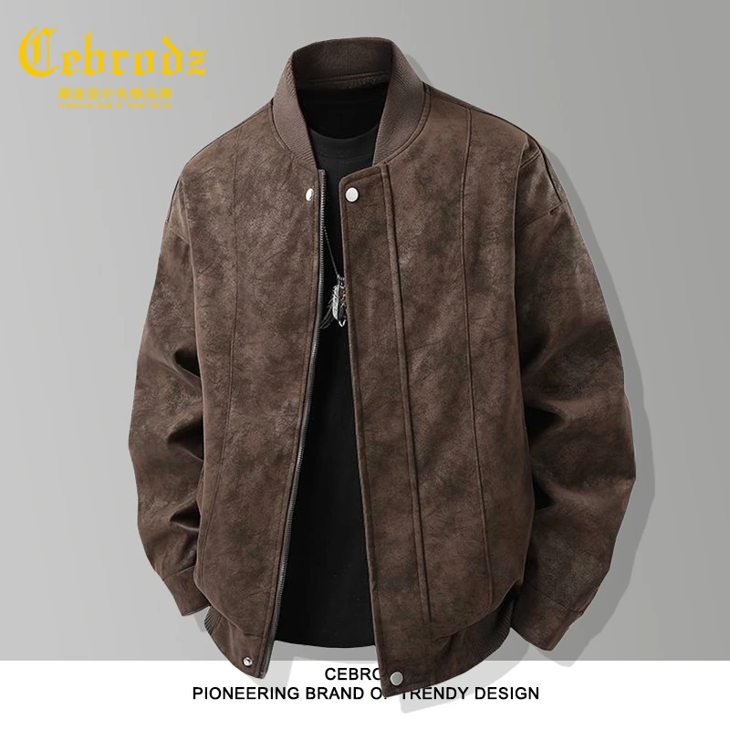 法国Cebrodz2025麂皮绒外套男秋冬美式复古飞行夹克拼接高级感男