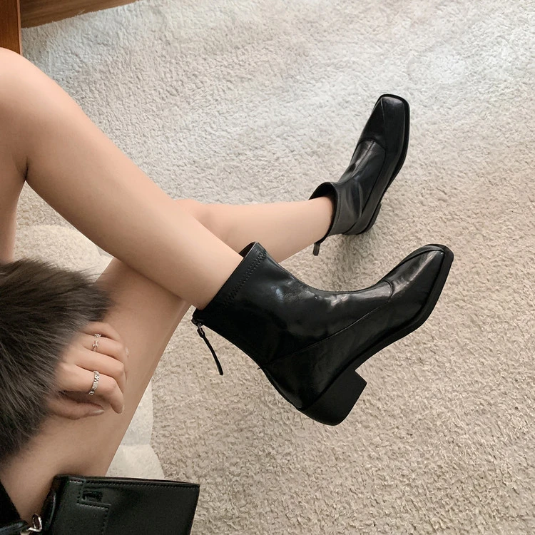 4cm~小短靴女2025秋冬新款韩版气质方头软底舒适中跟粗跟瘦瘦靴女