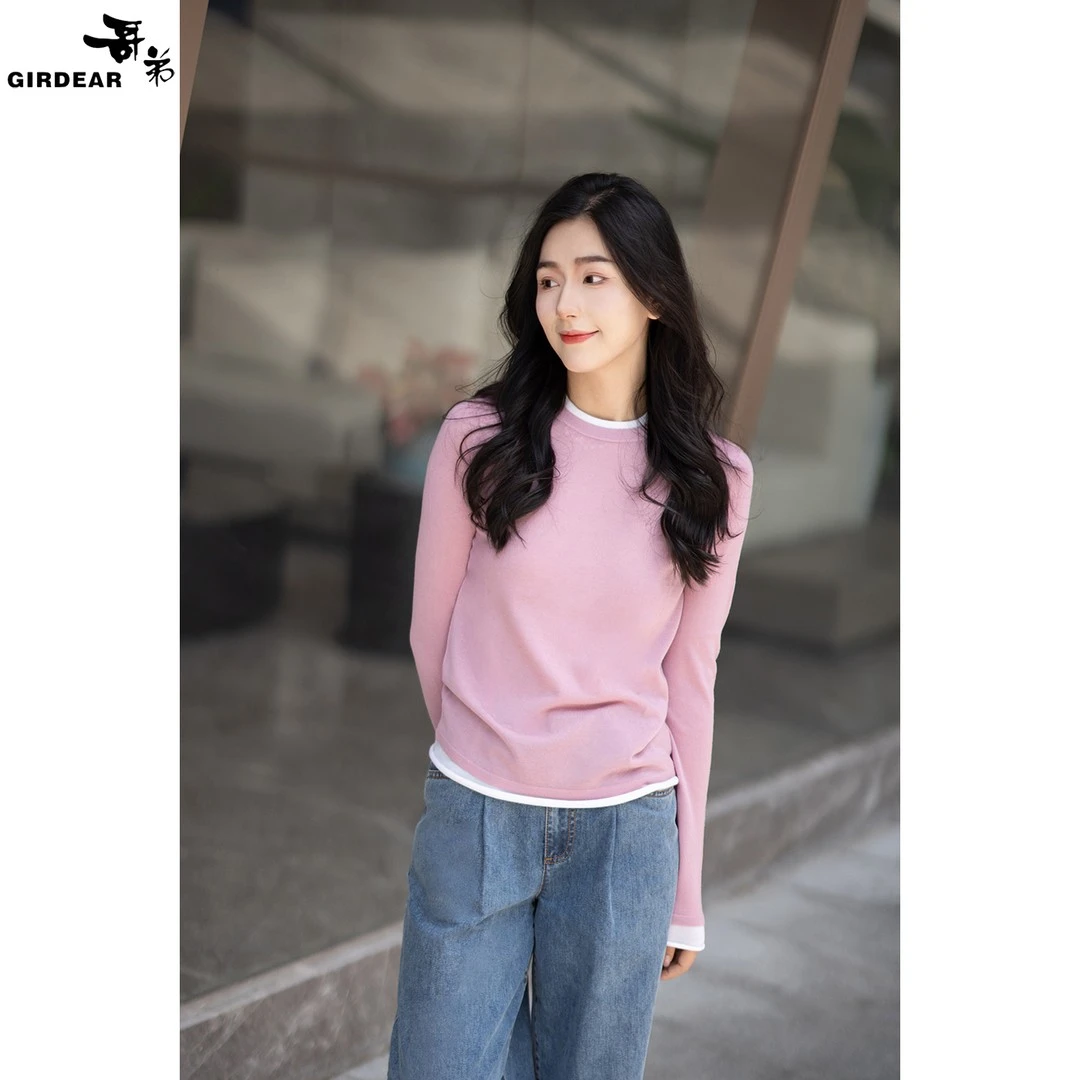 GIRDEAR/哥弟初秋新款高档洋气假两件秋冬绵羊毛针织衫1399763