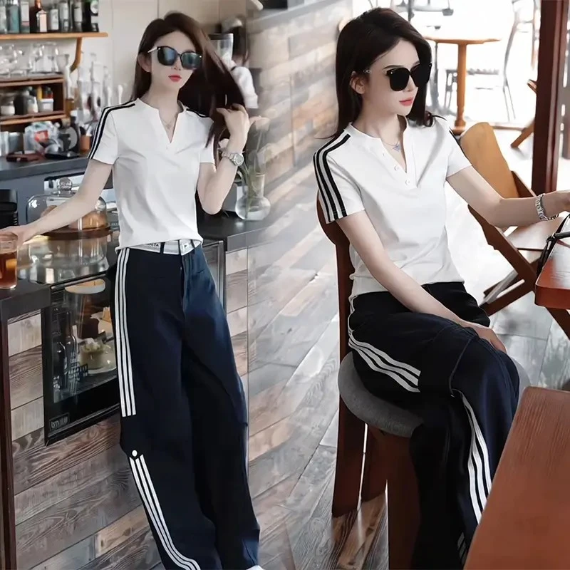 2025夏季个性三条杠v领短袖t恤高腰直筒裤子网红炸街韩版两件套装