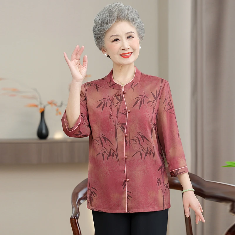 奶奶装七分袖衬衫中老年人气质妈妈装衬衣6070春夏薄款中国风衣服