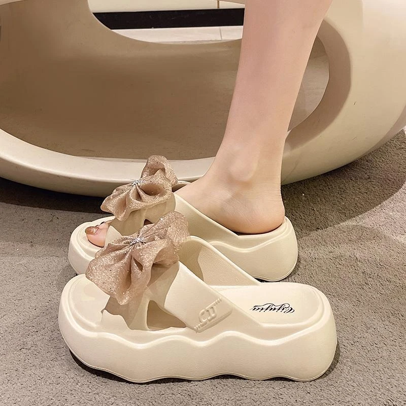 凉拖鞋女夏季外穿仙女风时尚大蝴蝶结居家室内防滑增高厚底一字拖