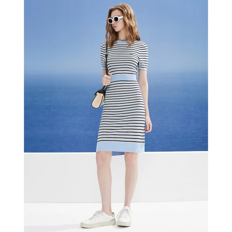 DKNY/唐可娜儿【都市缪斯】经典条纹修身短袖女士连衣裙2024春夏