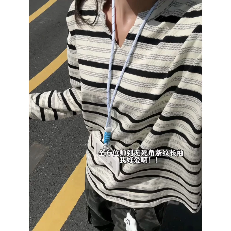 黑白条纹长袖V领T恤男款秋季潮牌痞帅美式cleanfit高级感重磅卫衣