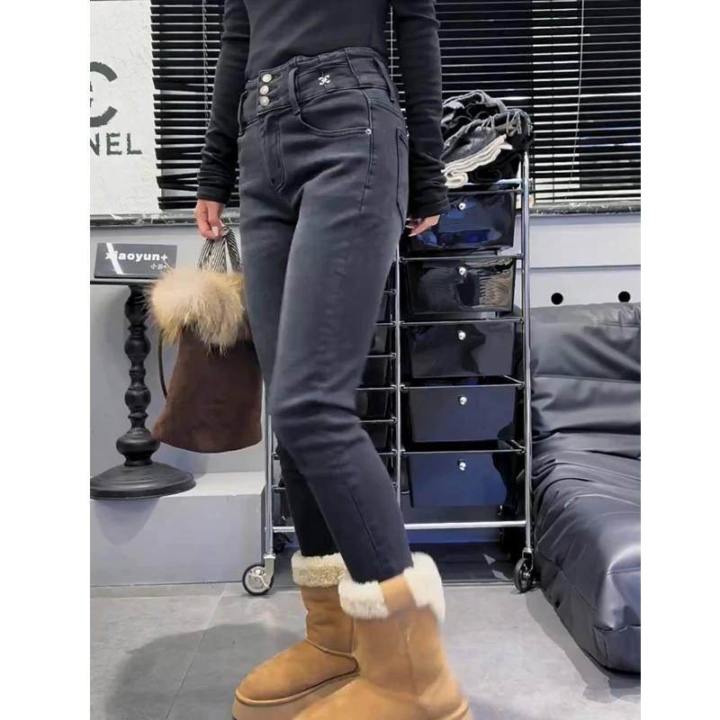 黑灰高腰弹力小脚牛仔裤女2025秋冬加绒修身显瘦小个子九分铅笔裤