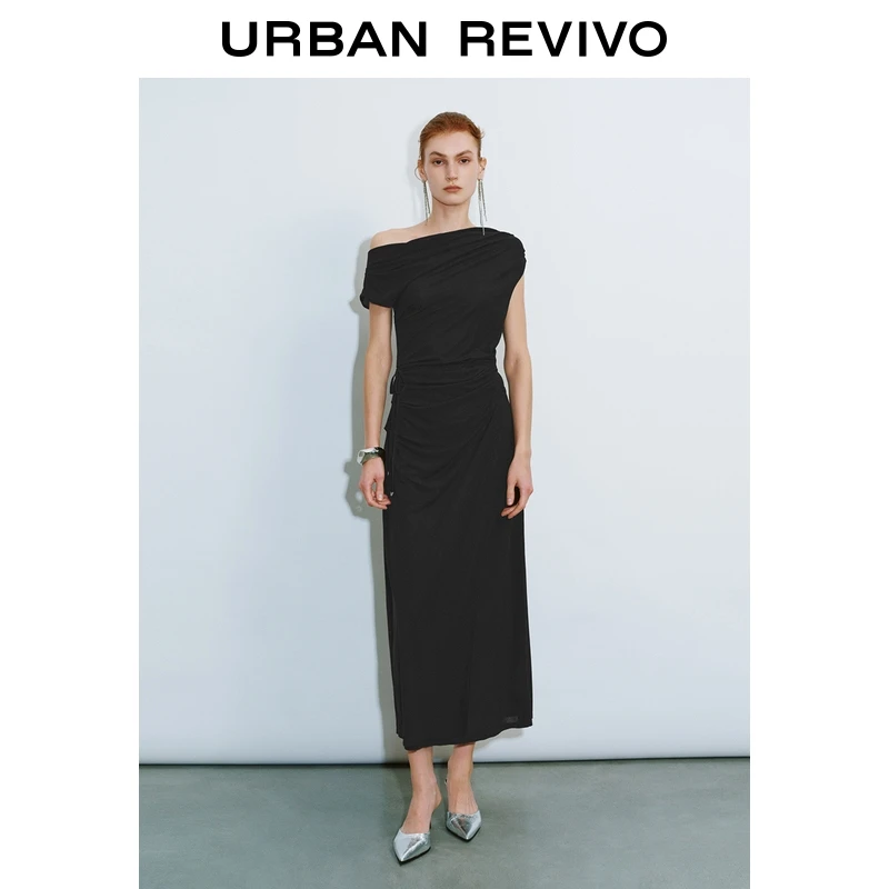 UR2025秋季新款女装气质褶皱细腰带斜肩领连衣裙UWG750210+