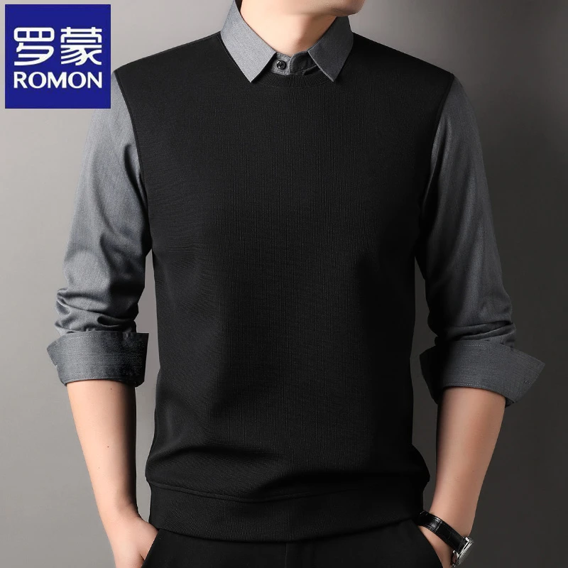 罗蒙春秋季韩版休闲假两件长袖男士针织衫纯色毛衣中青年百搭上衣
