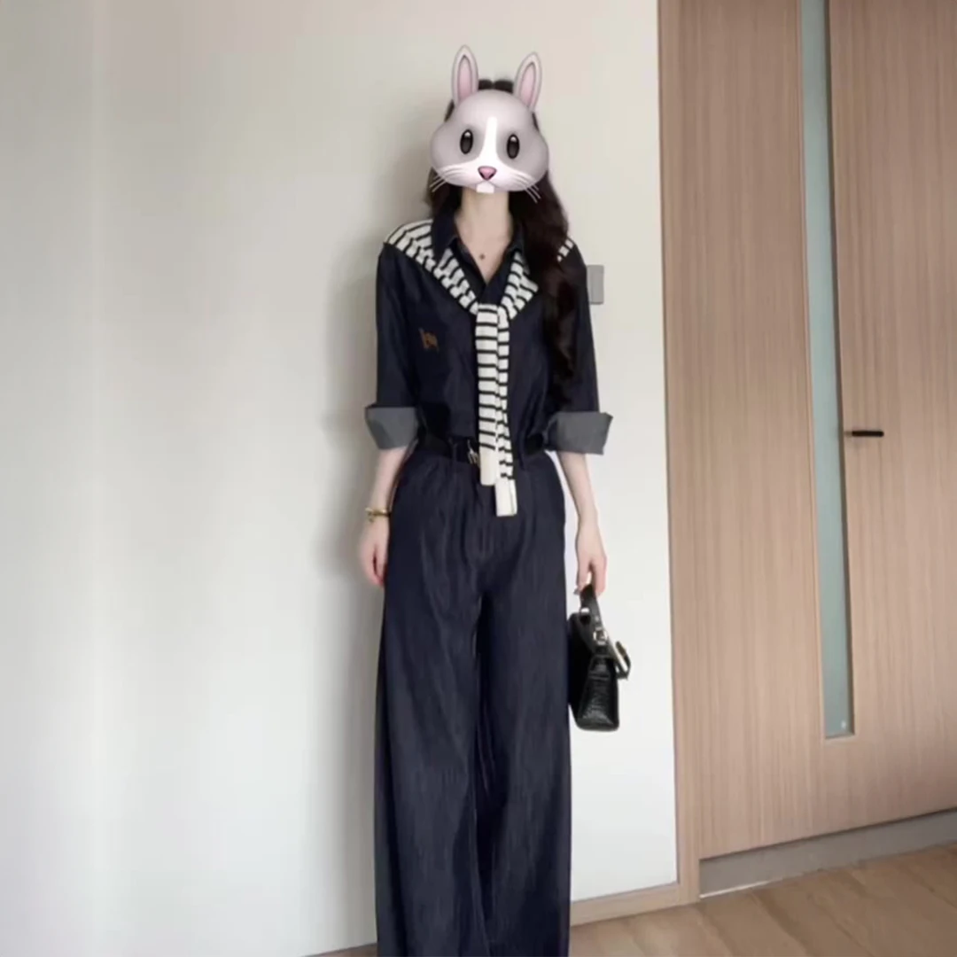 早秋搭配一整套高级感时尚气质牛仔长袖衬衫外套休闲阔腿裤套装女