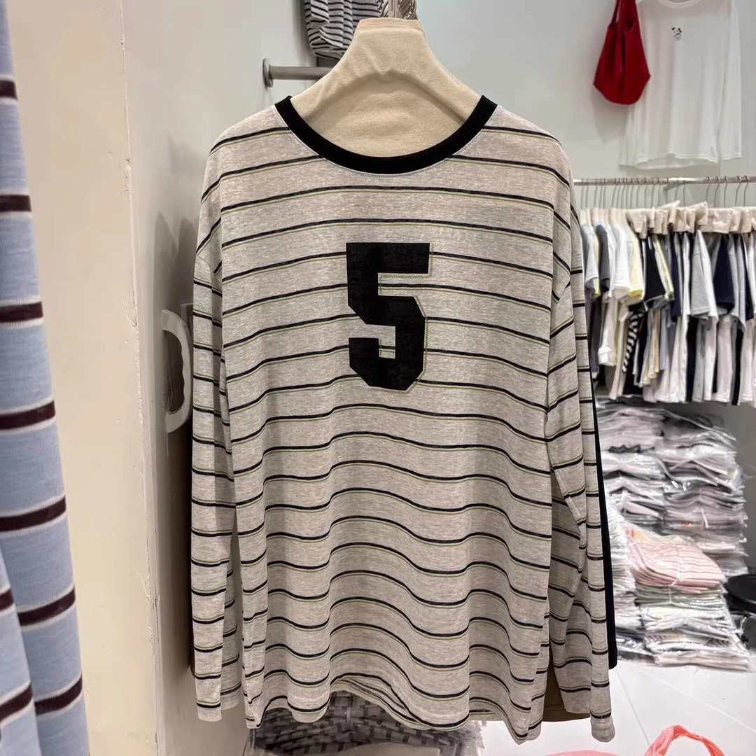 大码240斤2025夏季新款印花圆领拼色条纹长袖T恤女宽松防晒上衣