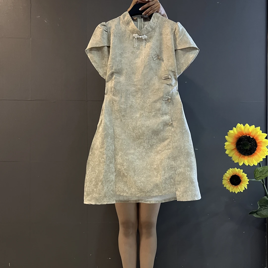 新中式改良版复古盘扣气质显瘦提花连衣裙