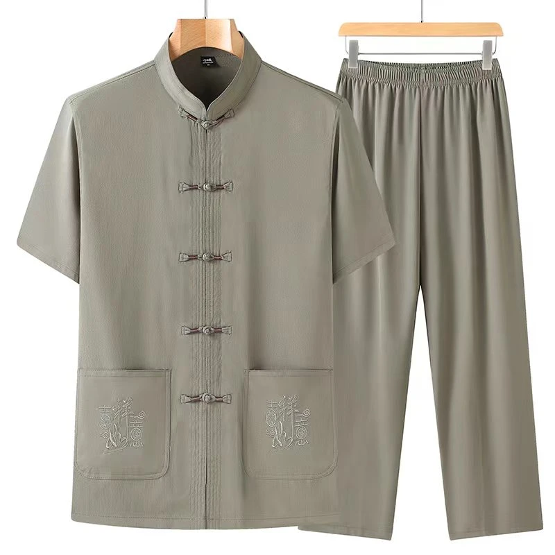 中老年唐装男夏季短袖宽松中国风爷爷装休闲套装薄款老人晨练衣服