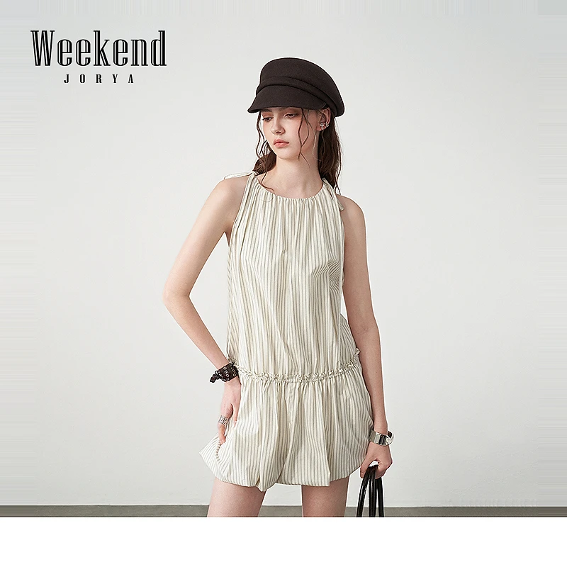 【商场同款】卓雅周末25夏新款桑蚕丝条纹挂脖花苞型连衣裙R220305C