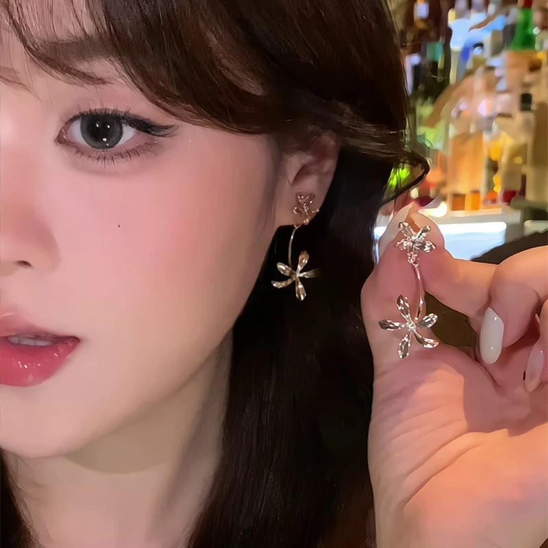 铜合金仿水晶耳饰 银质双花耳坠简约镂空花朵耳钉清新文艺耳饰