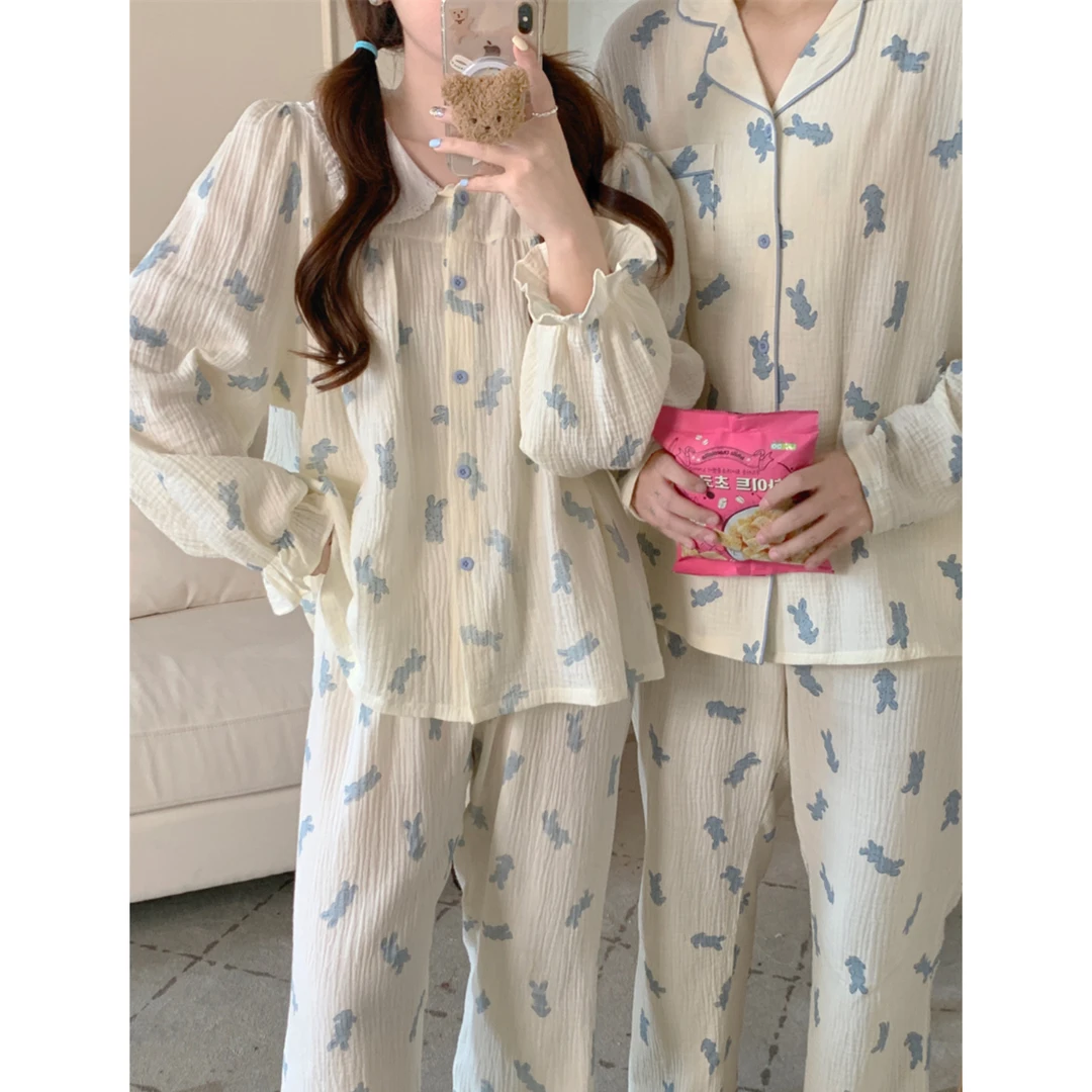 可爱兔子娃娃领纯棉纱布情侣睡衣春秋季长袖长裤男女款家居服套装