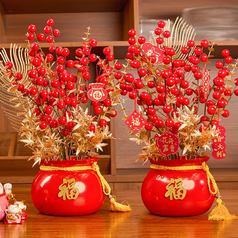福袋发财果年宵花聚宝盆特大号红果客厅摆件床头假花福桶摆件大号