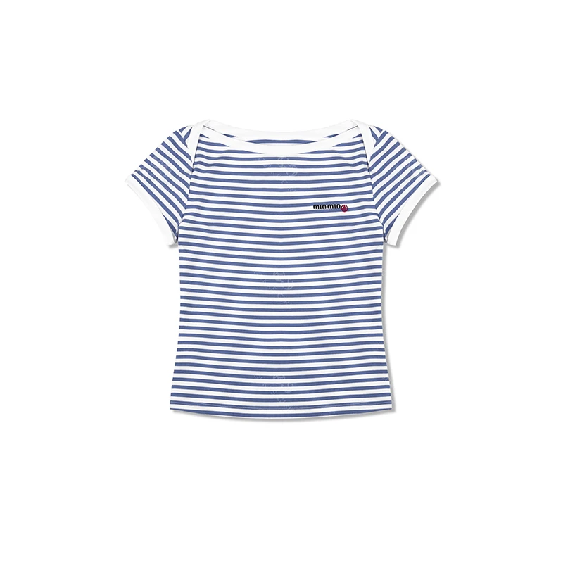 韩版高级感条纹一字领短袖T恤女夏季2025新款小个子修身显瘦上衣