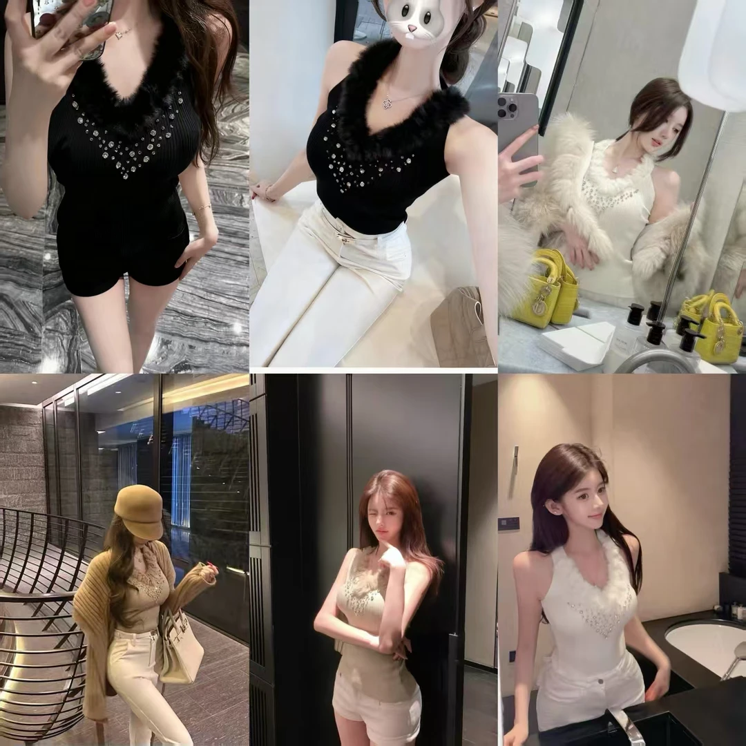 法式秋季纯御性感上衣新款重工蕾丝吊带挂脖上衣慵懒气质