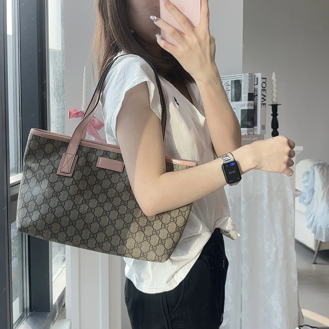 95新 GUCCI/古驰 gucci经典老花粉边托特包